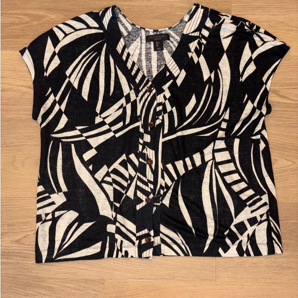Tahari women black & white linen button up short sleeve blouse size large